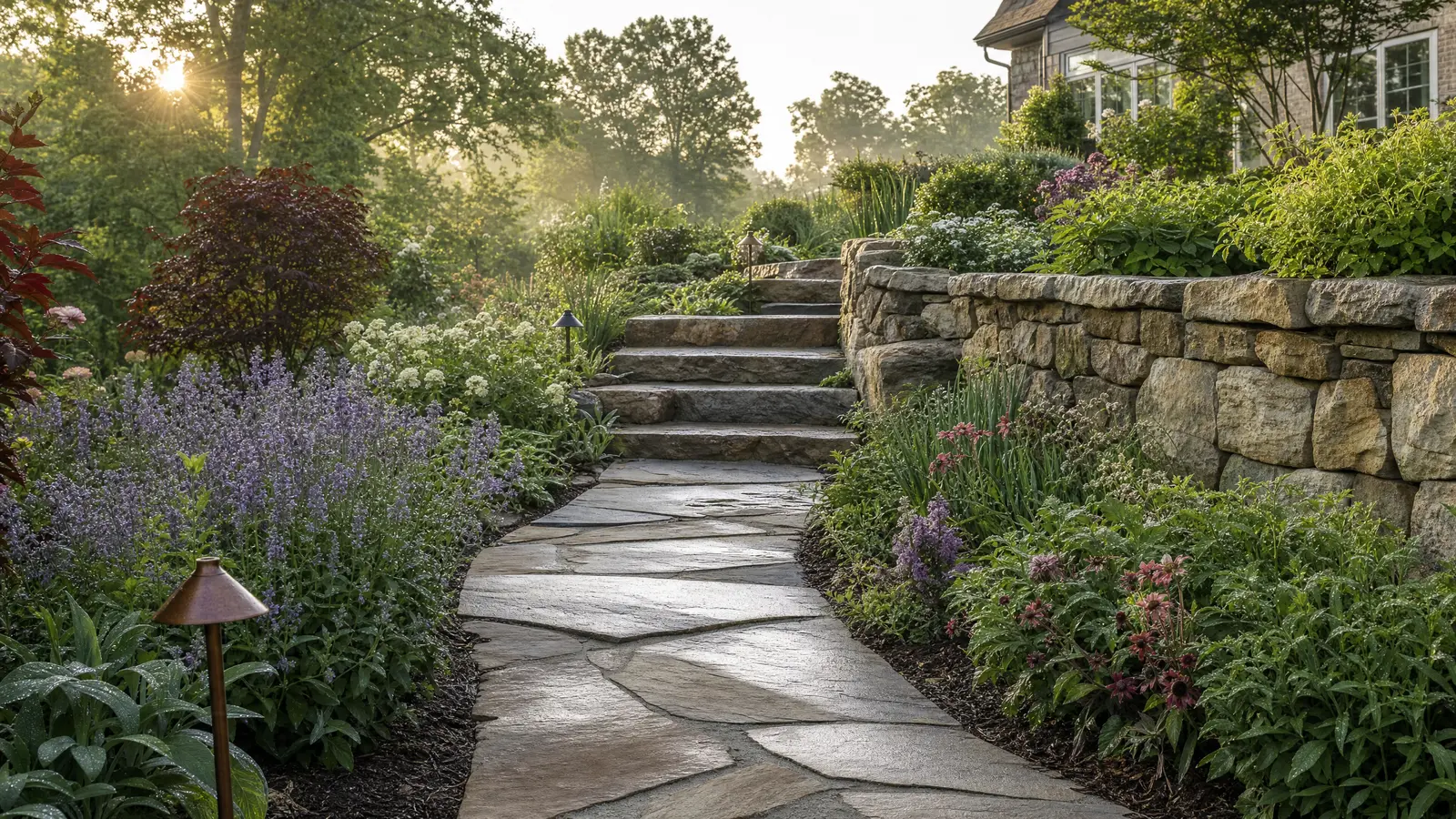 Stone retaining wall shaped around a slope and planting