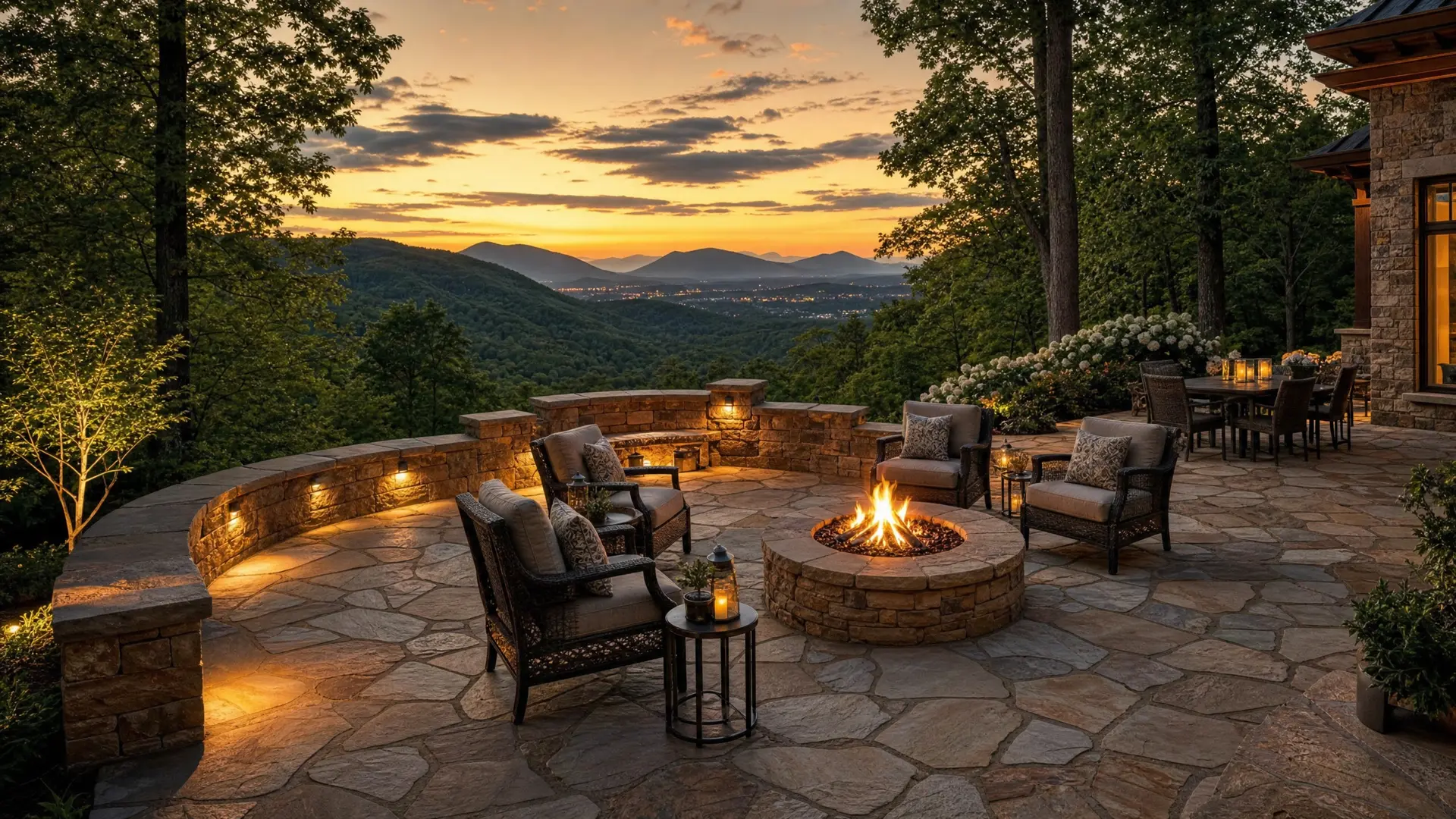 Stone patio and fire pit overlooking Blue Ridge terrain