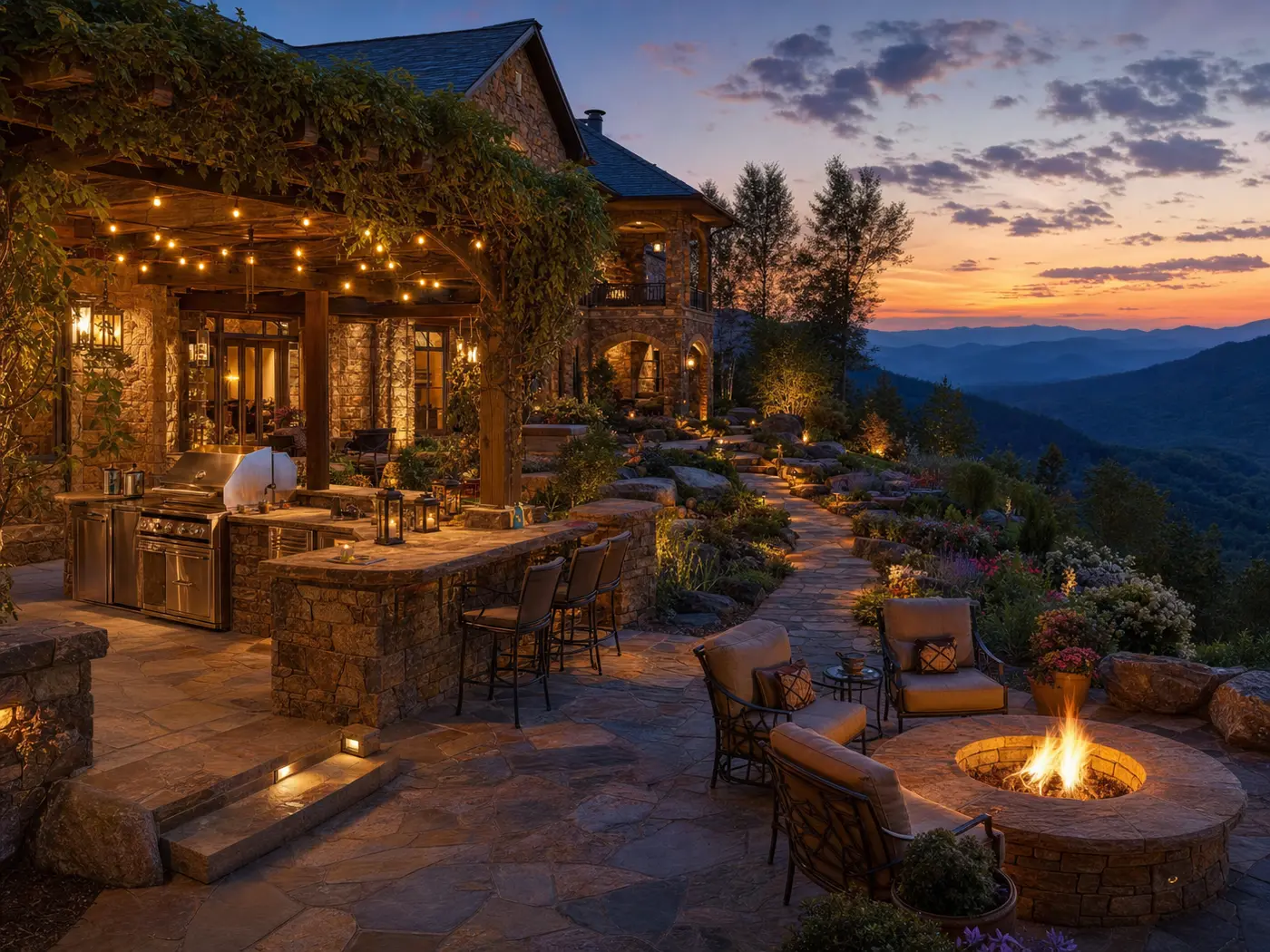 Stone paving, steps, planting, and an outdoor gathering area