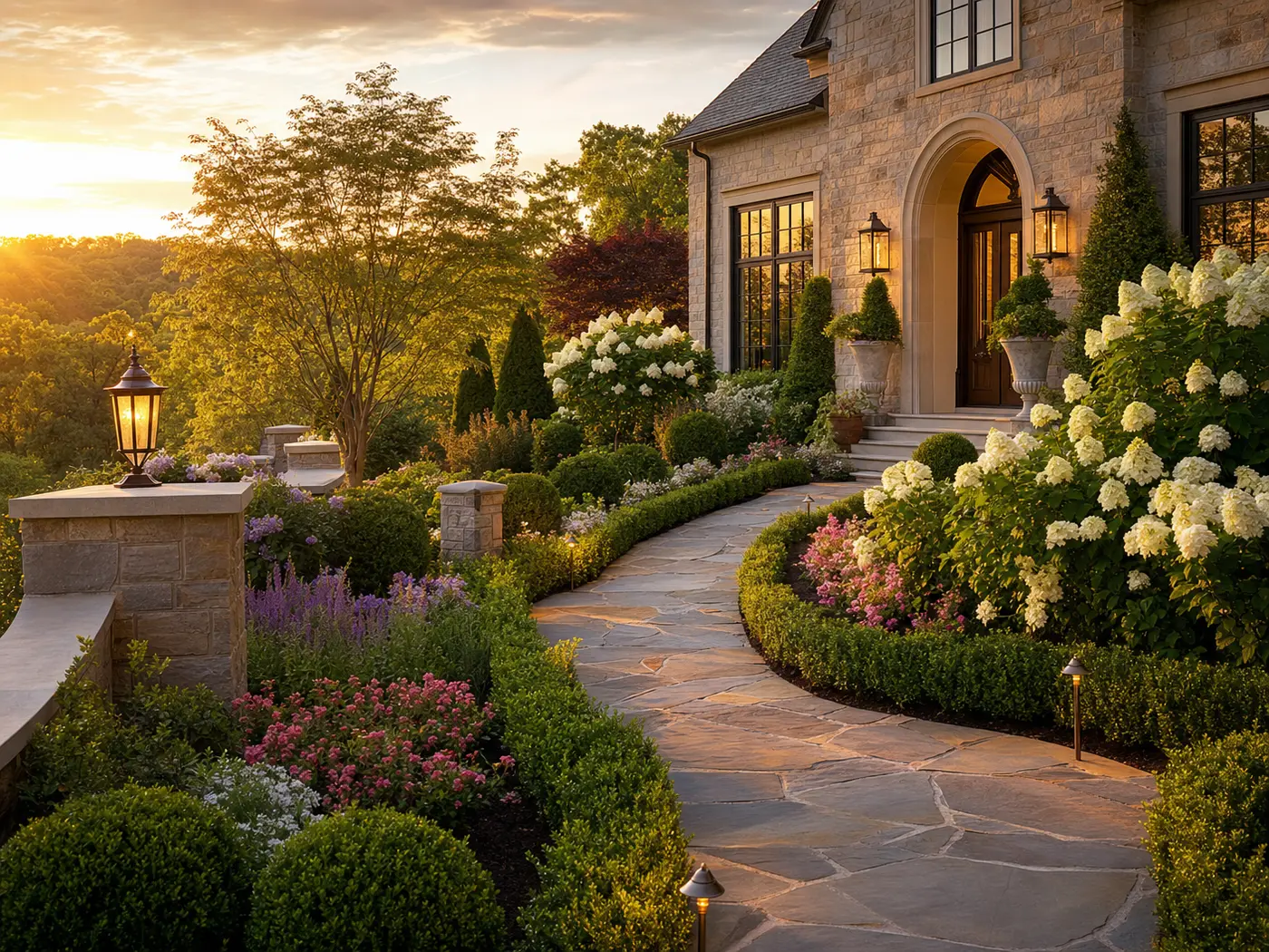 Connected paving, steps, planting, and outdoor gathering areas