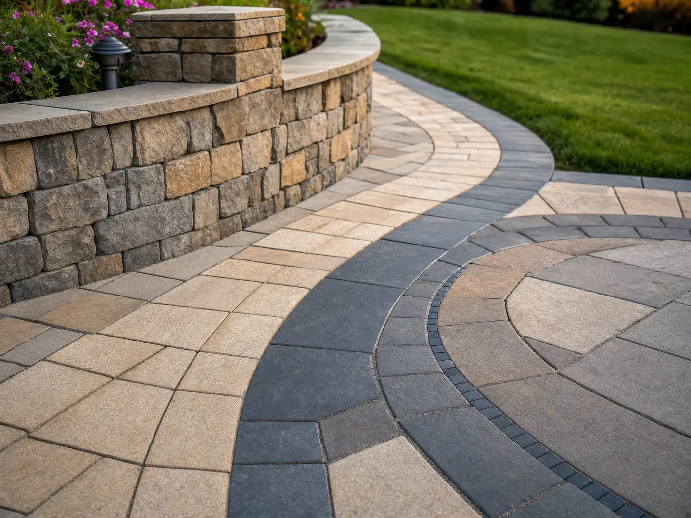 Paver patio and outdoor seating framed by mature planting