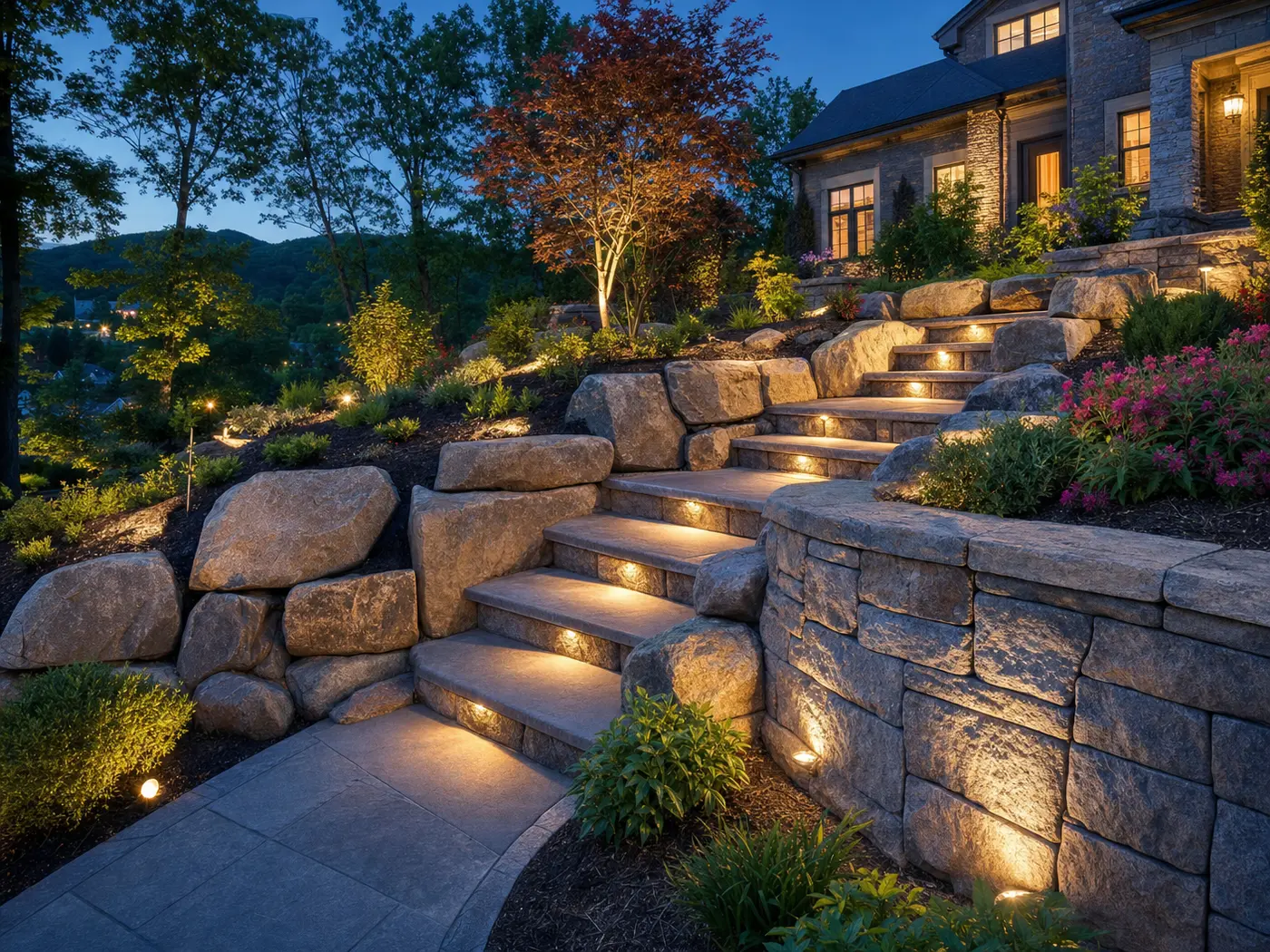 Natural stone retaining wall with planting and steps