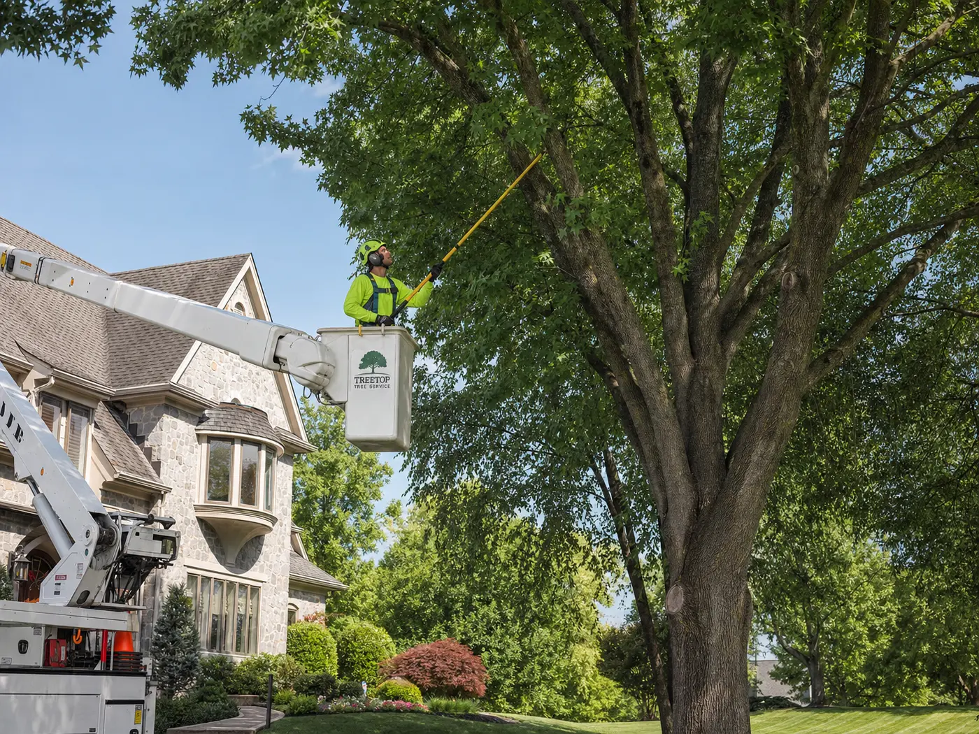 Outdoor hardscape beneath mature trees